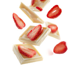 Flying white chocolate pieces and fresh strawberry slices. Creative dessert concept for advertising, isolated on a graphic background.