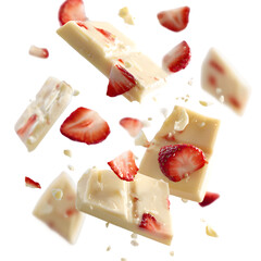 Flying white chocolate pieces and fresh strawberry slices. Creative dessert concept for advertising, isolated on a graphic background.
