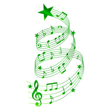 Festive music notes, green Christmas tree silhouette and stars, vector illustration.