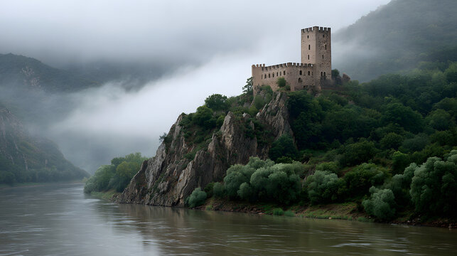 Medieval castle on a rocky cliff overlooking a river in the fog