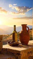 Wine, olives, and a rustic jug at sunset