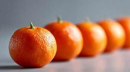 A row of oranges are lined up on a table