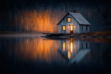 Obraz premium Beautiful wooden cabin illuminated at dusk near a calm lake with autumn trees reflecting in water