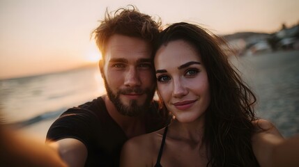 A young couple takes a romantic selfie on a beach at sunset bathed in warm golden light