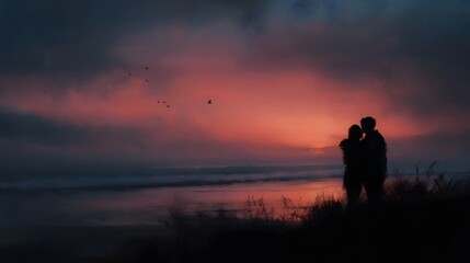 Fototapeta premium A silhouetted couple embraces on a dune watching a dramatic sunset over the ocean with birds in the sky