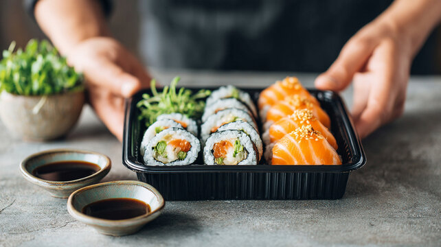 Person hand holding takeaway delivery box of fresh japanese food. appetizing seafood meal includes salmon sushi, maki, and nigiri rolls, ready for delicious dinner