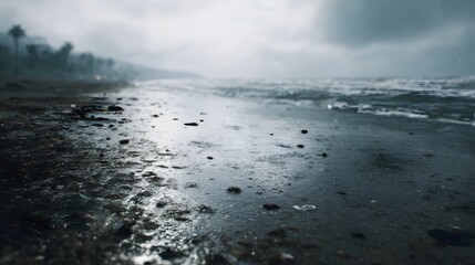 Moody beach scene with wet sand pebbles and the ocean under an overcast hazy sky