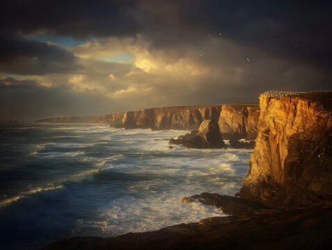 A dramatic coastal landscape with rugged cliffs crashing waves under a stormy sunlit sky and distant seabirds