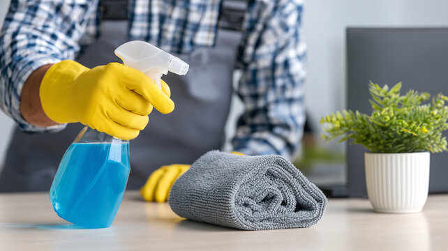 Diligent cleaner man in yellow rubber glove and apron holds spray bottle with blue liquid, ready for office cleaning. grey towel and plant sit on wooden desk