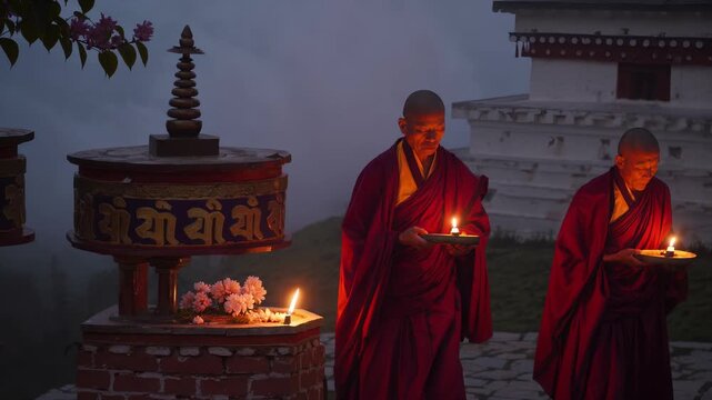 Buddhist monks wearing deep red robes, standing with lit butter lamps and prayer wheels at a dimly lit outdoor temple or monastery at dusk or night, surrounded by mist 