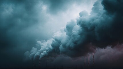 Fototapeta premium Industrial smokestacks emit dark plumes of smoke into a dramatic overcast sky