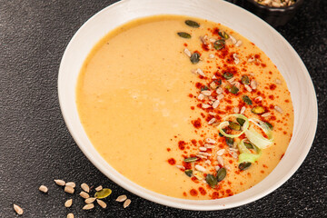 cream soup pumpkin first course vegetables dish natural product tasty snack fresh delicious gourmet food background on the table rustic top view copy space keto and paleo diet vegan and vegan food