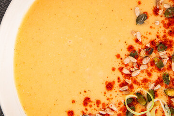 cream soup pumpkin first course vegetables dish natural product tasty snack fresh delicious gourmet food background on the table rustic top view copy space keto and paleo diet vegan and vegan food