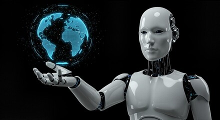 A futuristic humanoid robot holding a glowing digital representation of the Earth in its hand.