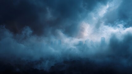 Obraz premium Dramatic dark clouds engulf a hazy city skyline with faint light illuminating obscured skyscrapers