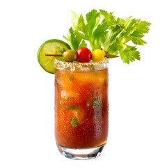 Classic Bloody Mary cocktail with celery and lime garnish. Spicy vodka drink for brunch menu. Isolated on graphic background for design.