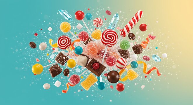 Assorted candies and sweets exploding in a colorful burst against a vibrant turquoise and yellow gradient, creating a playful and sugary explosion.