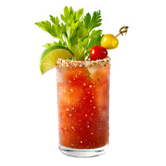 Classic Bloody Mary cocktail with celery and lime garnish. Spicy vodka drink for brunch menu. Isolated on graphic background for design.
