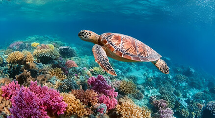 Obraz premium A beautiful sea turtle swims gracefully among vibrant coral reefs in crystal-clear ocean waters.