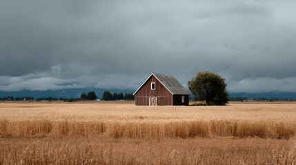 Rustic barn in a wheat field under a dramatic, cloudy sky