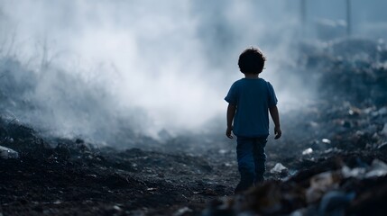 Obraz premium A child walks alone through a desolate smoke filled landscape of debris and waste