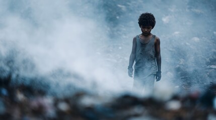 Fototapeta premium A young dirty boy walks through a smoky debris filled environment conveying hardship and environmental distress