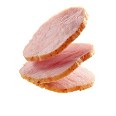 Sliced smoked ham, Canadian bacon. Two delicious pork loin slices isolated for breakfast or sandwich design.