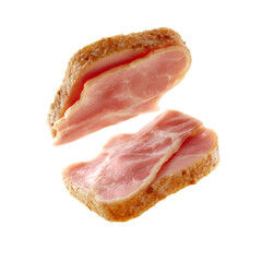 Sliced smoked ham, Canadian bacon. Two delicious pork loin slices isolated for breakfast or sandwich design.