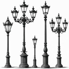 Collection of elegant vintage street lamps shown. Ornate black, white illustration of old streetlights. Different classic urban light fixtures design. Decorative elements for architecture, city