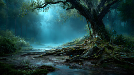 Glowing roots of ancient trees illuminating misty swamp ground 