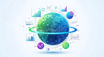 A globe surrounded by data charts and graphs representing global data analysis and connectivity network