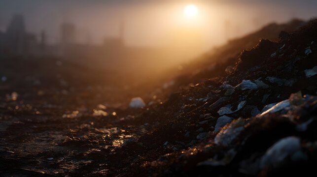 A desolate landfill scene bathed in the warm atmospheric light of sunrise with industrial structures in the hazy background