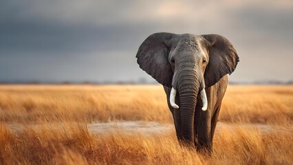 Obraz premium An adult African elephant with long tusks standing in a golden savanna at sunset. Concept Wildlife Photography, African Elephant, Sunset Safari, Golden Savanna, Majestic Wildlife