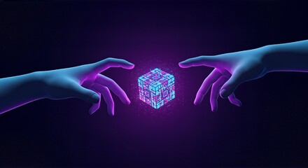 A modern digital recreation of The Creation of Adam with two hands reaching for a glowing cube.
