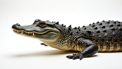 Fototapeta premium Studio photo shows a juvenile alligator on white backdrop. Reptile displays sharp teeth and detailed scales. Predator from swamp shows its head and front paws in profile.
