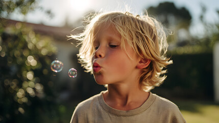Young boy blowing bubbles in a sunny backyard, enjoying a summer day