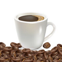 White cup with aromatic coffee drink and coffee beans, realistic style
