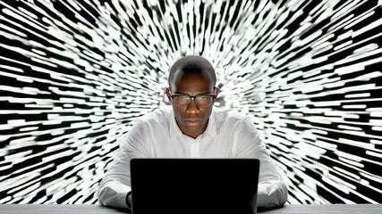 Focused black man works on a laptop, surrounded by an abstract, dynamic light effect as symbol of technology, innovation or data processing. - Powered by Adobe