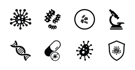 Bacteria and Virus Icon Set with Microscope and DNA Symbol