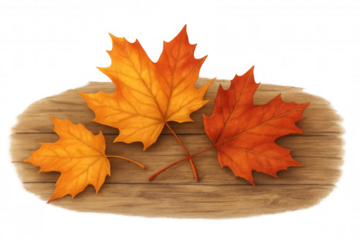 Autumn maple leaves on wooden board, vibrant fall colors creating seasonal background, transparent background