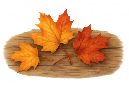 Autumn maple leaves on wooden board, vibrant fall colors creating seasonal background, transparent background