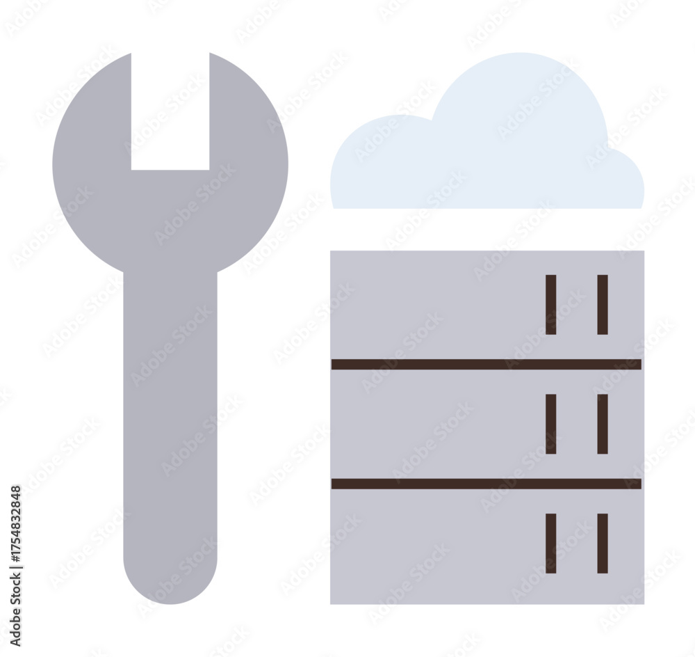 Wall mural wrench next to a cloud server stack representing cloud computing, storage management, and system mai