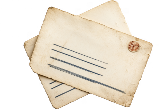 Aged postcards with blue lines isolated on a transparent background