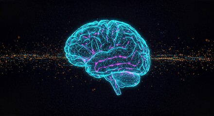 A glowing, futuristic digital representation of a human brain with intricate details and a dark, starry background.