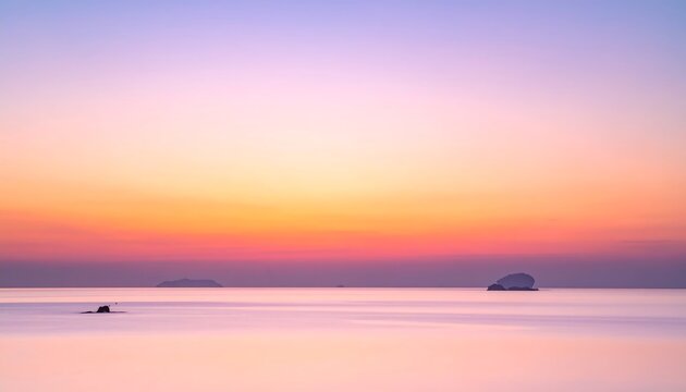 A tranquil seascape at dusk, with a pastel-colored sky blending into the calm water. Small islands dot the horizon