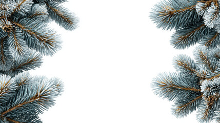 Serene winter frame of blue spruce fir branch with snow on white background. festive christmas border with cold nature detail, perfect for holiday copy space and decoration
