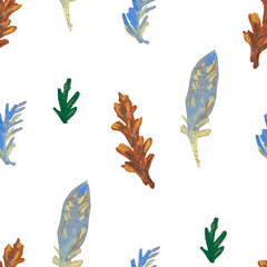 Seamless pattern of minimalist buds, branches, and feathers. Textured botanical print in oil pastel.