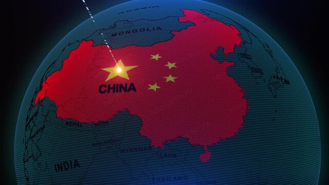 a digital-style map of China displayed on a globe. The country is filled with the red color and five yellow stars, resembling the flag of China, animation,