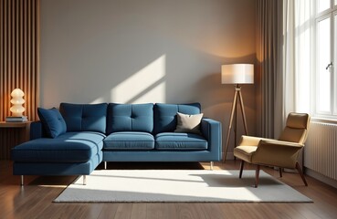 Modern living room interior. Blue sectional sofa, cozy recliner chair. Wooden floor lamp, side table with lamp. Sunlight illuminates hardwood floor, white rug. Stylish comfortable space.