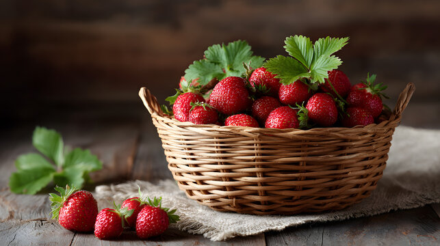 Fresh strawberries in a rustic basket on a wooden table, close-up shot